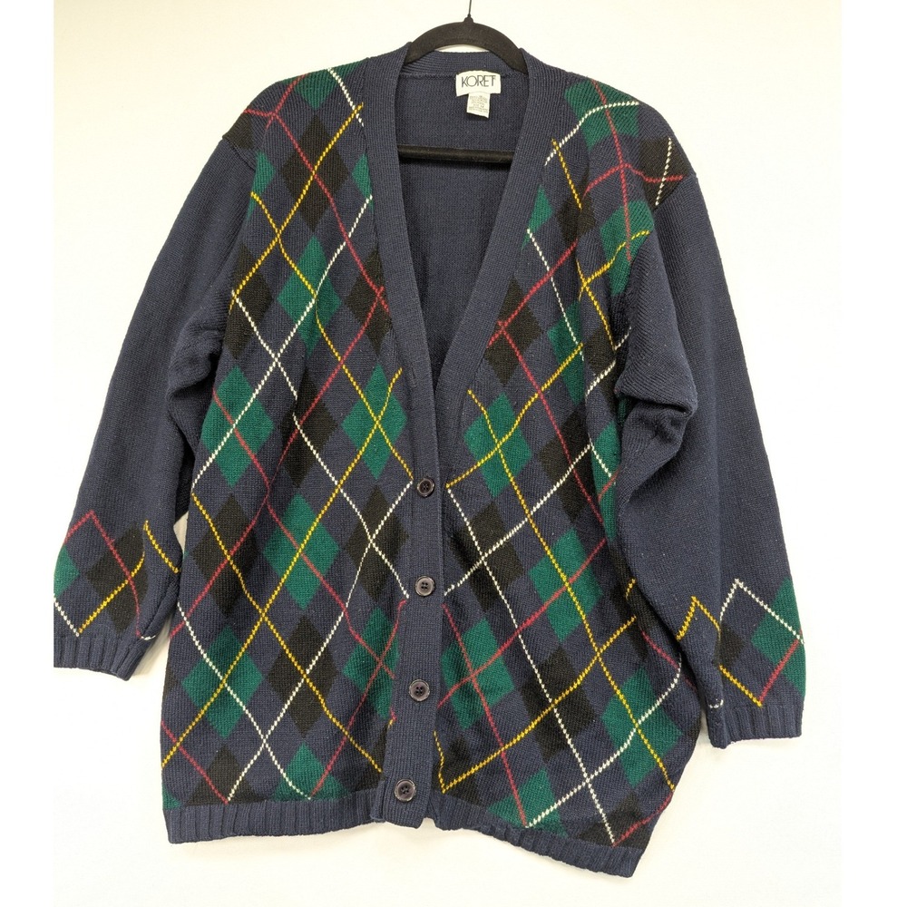 Koret Navy Blue Argyle‎ Cardigan Sweater 1X Acrylic Wool V-Neck Button Front